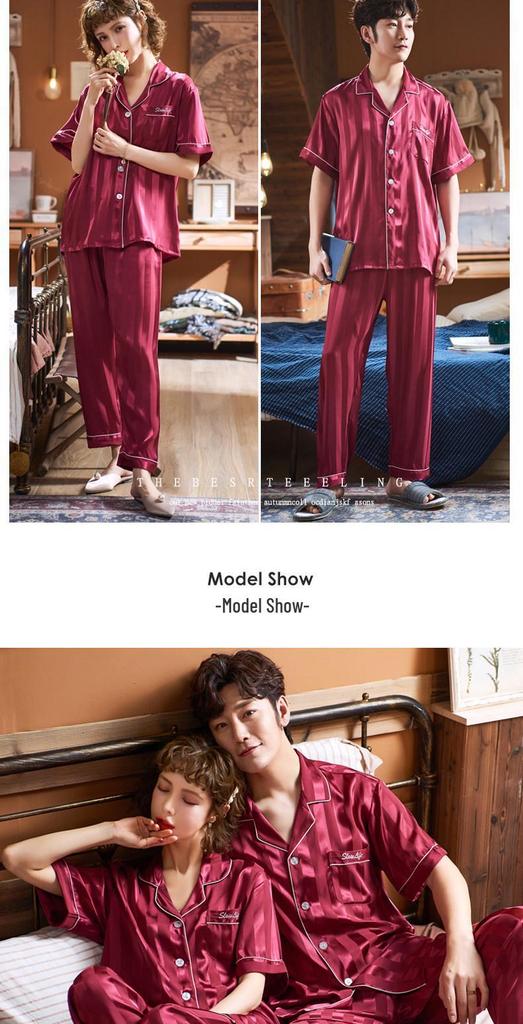 Summer Red Pajama Set for Couples: Ice Silk Zodiac Short Sleeve & Long Pants