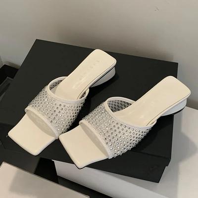 Mode Mesh Rundkopf Atmungsaktiv Damen Blockabsatz Sandalen Neu Sommer Luxus Strass Offene Zehen Bequeme Damen Hausschuhe