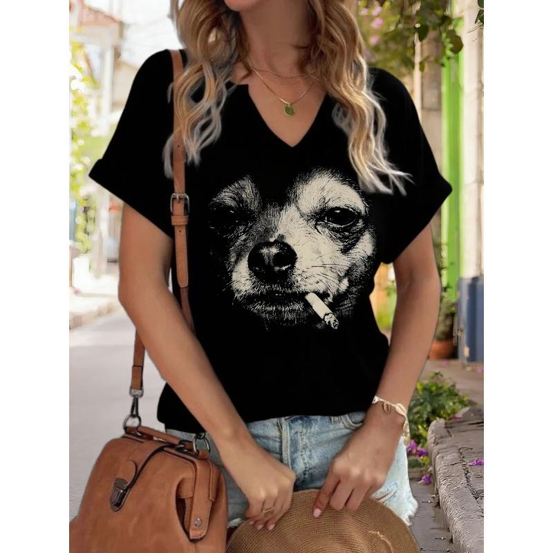 

Women s V-Neck Graphic Tee, Funny Cool Dog Print T-Shirt, Casual Short Sleeve Street Style Top for Pet Lovers XL