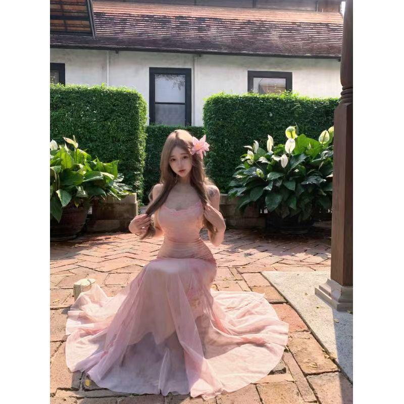 Rochie camisolă casual roz cu gradient pentru femei, stil vacanță pe coasta franceză