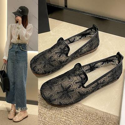 Damen Einzel-Schuhe Spitze Mesh 2024 Frühling und Sommer neu Stroh Fischer-Schuhe lässig Slipper bequem weich atmungsaktiv