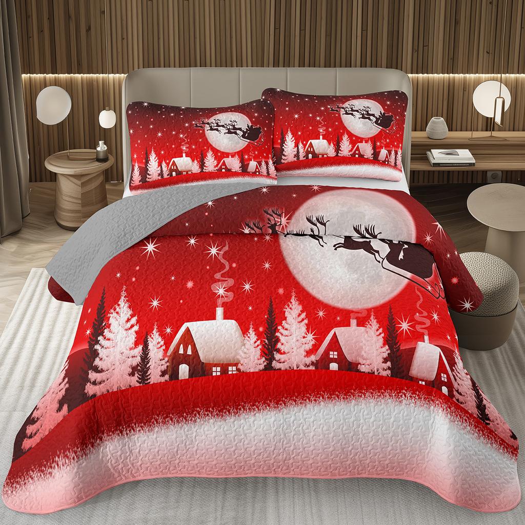 Christmas Bedspread Queen/Full Xmas Tree Quilted Coverlet for Boys Girls,Cartoon Festival Theme Quilt Set Happy New Year Bedding