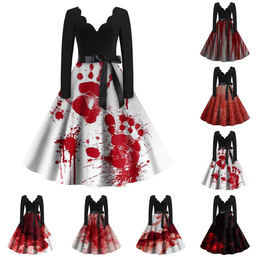 Women's Casual Fashion Halloween Printed V-Neck Vintage Dress