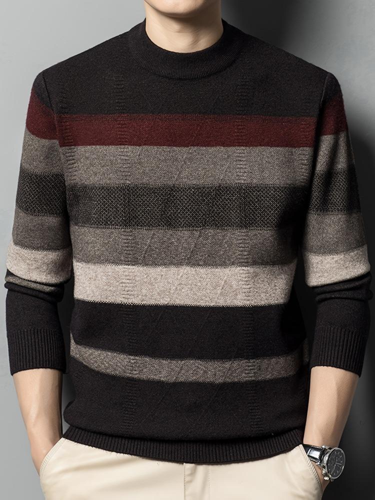 All Match Knitted Color Block Sweater, Men's Casual Warm High Stretch Crew Neck Pullover Sweater For Men Fall Winter