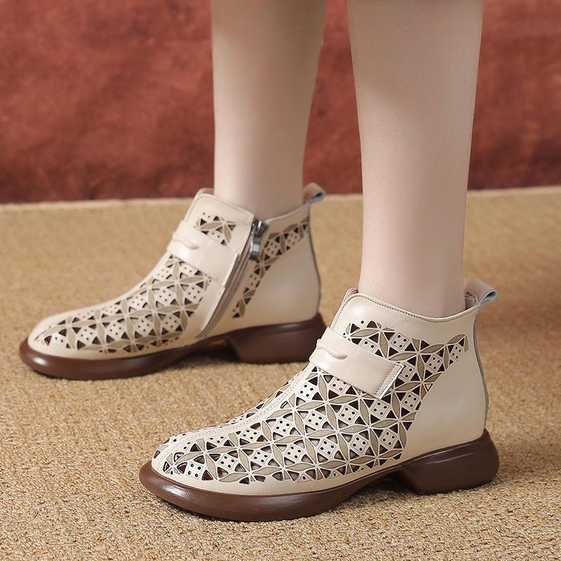 Fashion GKTINOO 2025 Summer Ankle Boots Genuine Leather Shoes Women Low Heels Sandals Side Zip Boots Cutout Breathable Mujer Zapatos
