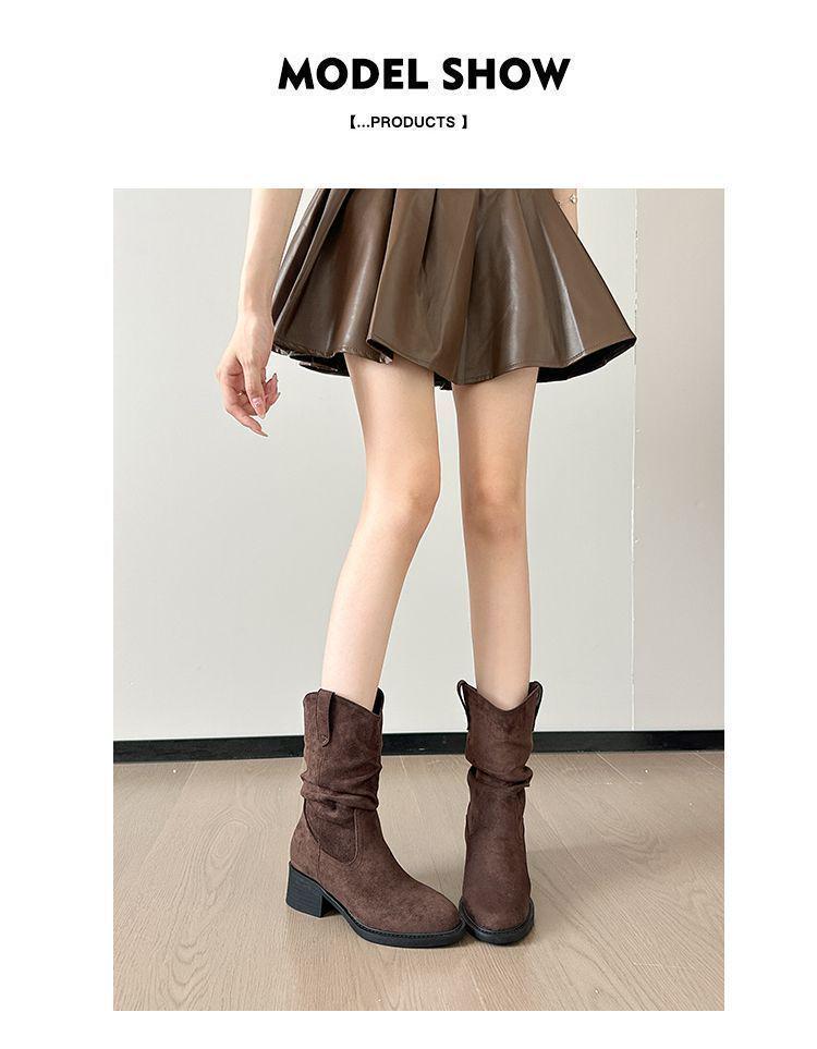 Women's Retro Hidden Heel Suede Mid-Calf Western Boots with Chunky Heel - 2025 Spring & Autumn Collection