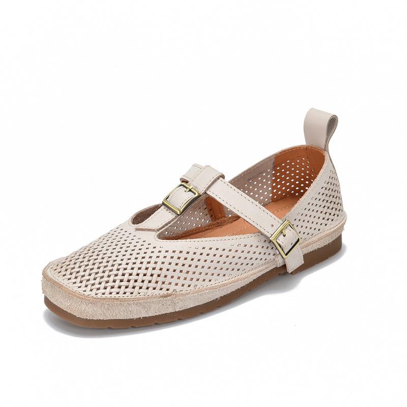 Johnature Retro Genuine Leather Soft Soled Hollow-out Sandals Round Toe Belt Buckle Flat Women's Shoes