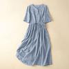 Women Cotton Linen Dress Short Sleeve V Neck Buttons Tie Waist Midi Dress Summer Casual Boho A-Line Flowy Dress