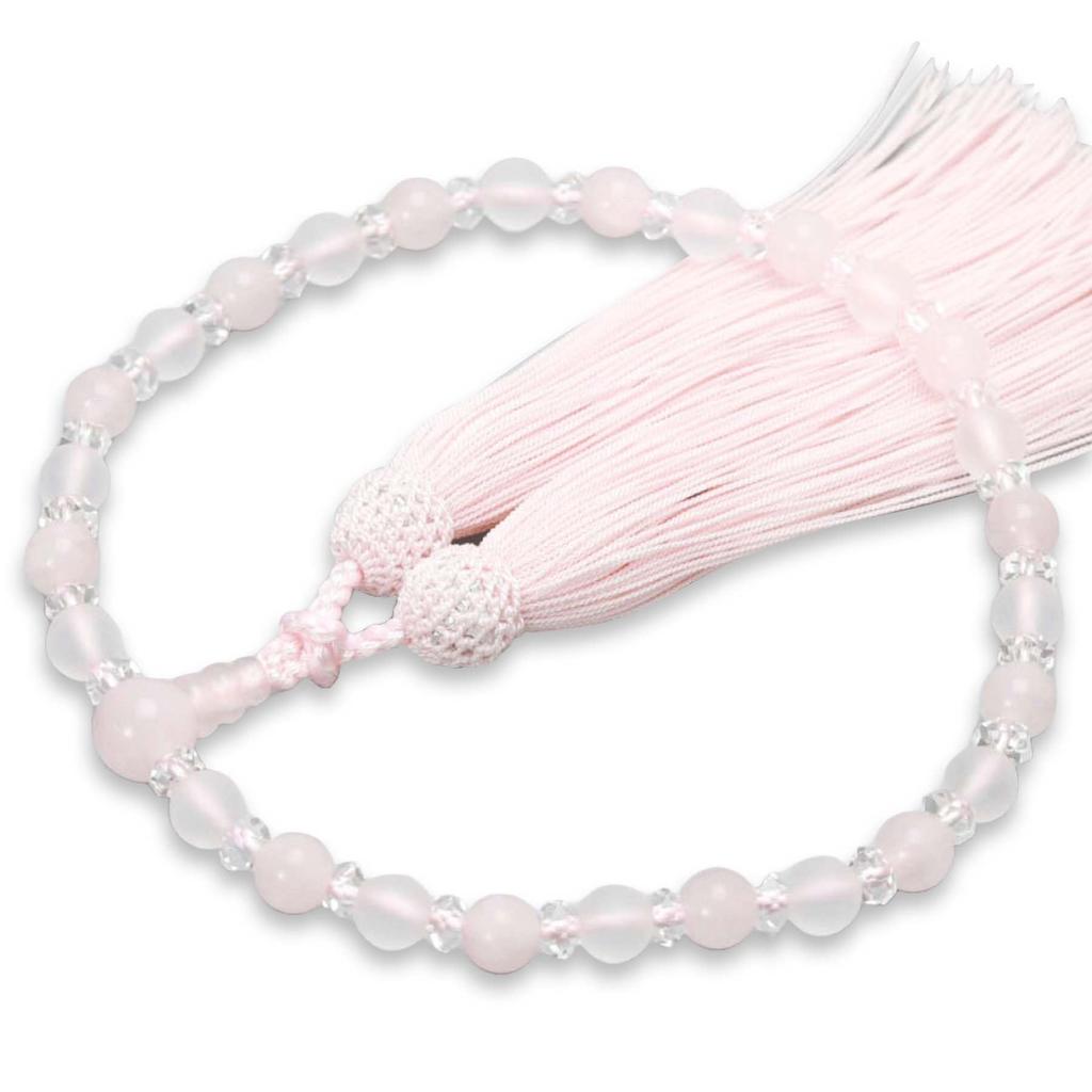 Women's Buddhist Prayer Beads, Kyoto Style, Light Snow Crystal and Rose Quartz, with Silk Matsukaze Tassel, Suitable for All Sects, Ideal for