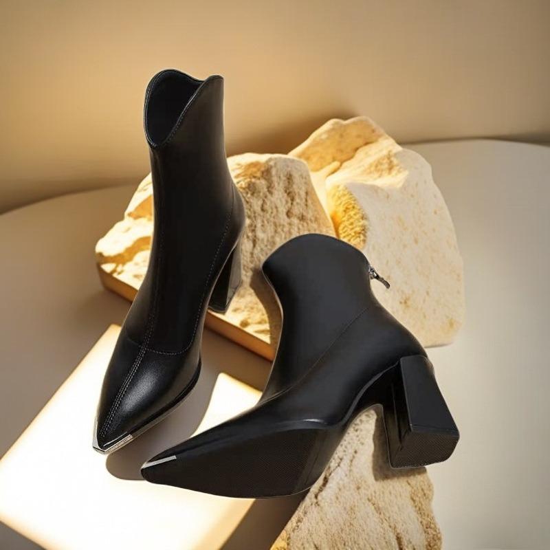 Scarpe più vendute a punta, con tacco spesso, Stivaletti corti, con aggiunta di pile