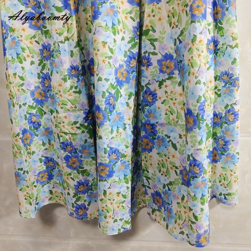 Japanese Mori Girl Summer Women Midi Skirt Elastic Waist Contrast Color Floral Print Sweet Skirt Pretty Travel Holiday Cotton Skirt