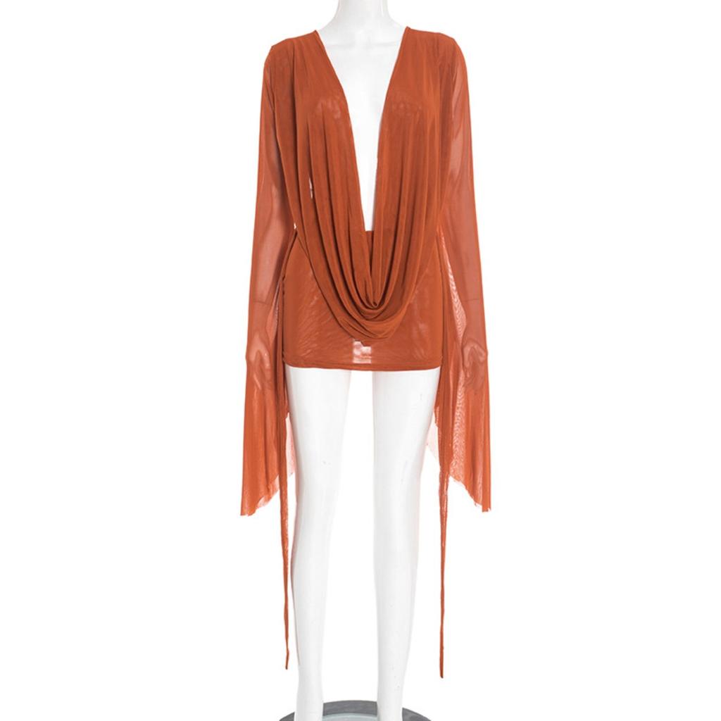 New Women's Mesh Cowl Neck Backless A-line Swing Long Sleeve Dress, European American Casual Party Dress