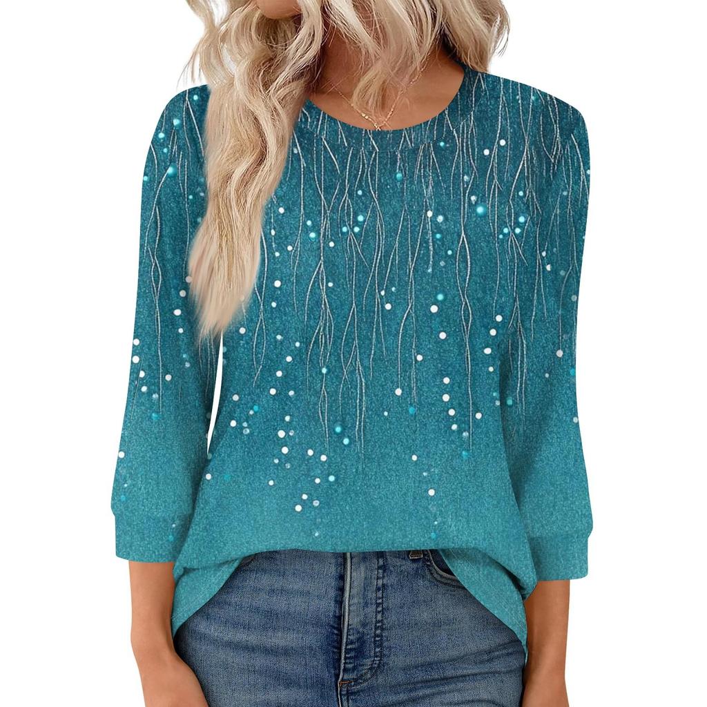 Women's Fashion Casual Round Neck 3/4 Sleeve Loose  Printed T-Shirt Ladies Top