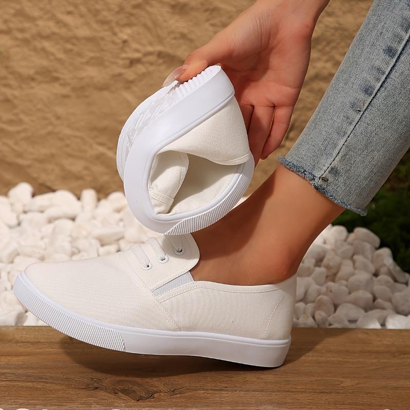 Women'S Solid Color Minimalist Sneakers, Slip On Lightweight Flat Soft Sole Shoes, Low-Top Comfort Daily White Shoes