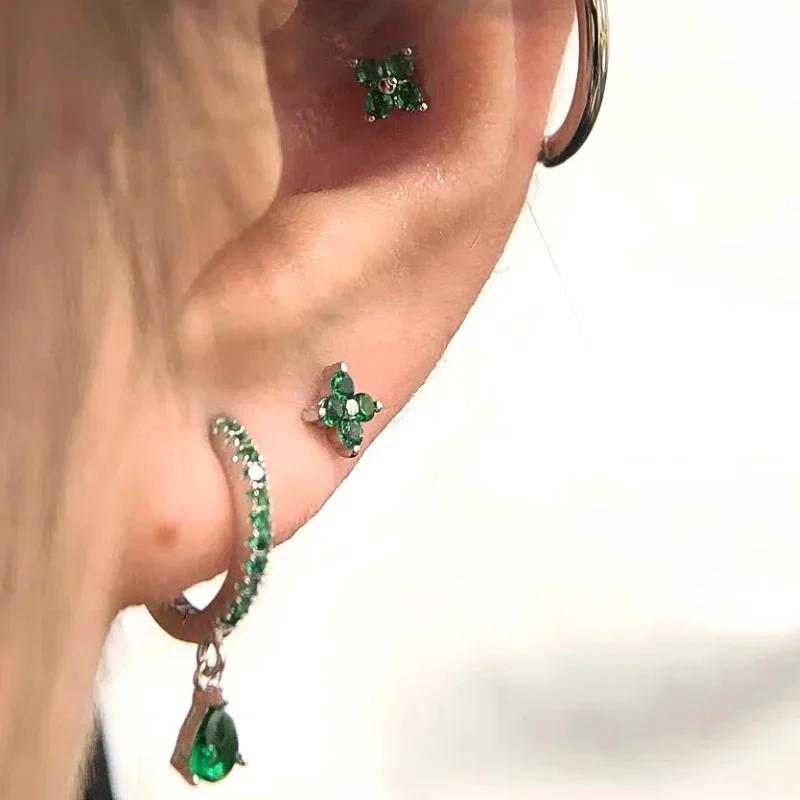 Turquoise 925 Silver Ear Needle Green Zircon vintage emerald Heart/Flower Pendant Hoop Earrings Fashion party Jewelry