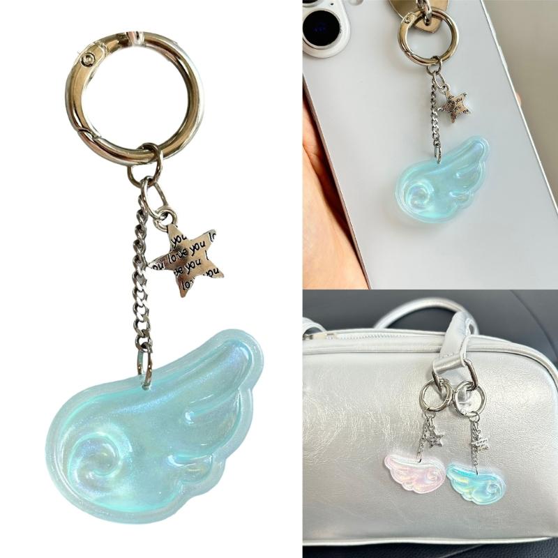 Sweet Bright Color Resin Keychain Angel Wing And Star Design Trendy Gift For Teen Girls Lightweight Decors