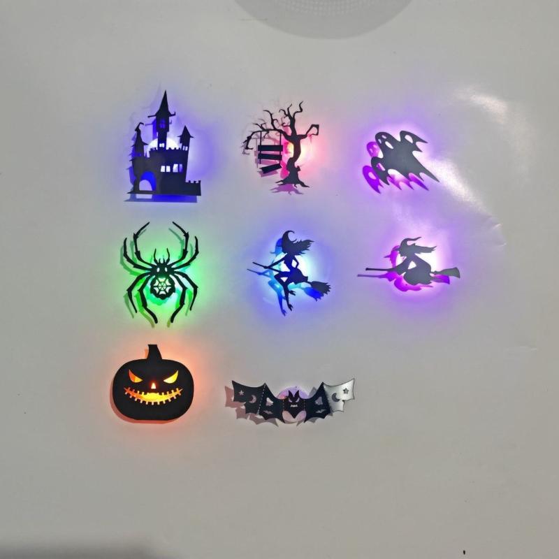 8/30Pcs/Set Led Halloween Wall Sticker 3D Hollow Night Light Bat Pumpkin, Spider Witch Castle Ghost Party Wall Decoration
