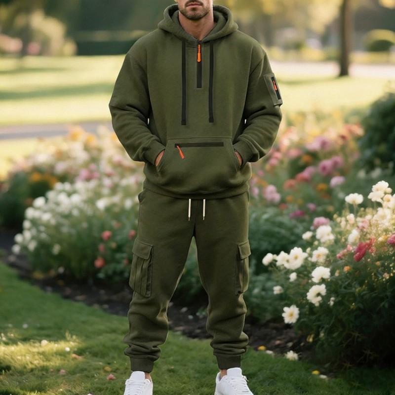 Mens Winter Fleece Hooded Tracksuit Casual Solid Color Sweatshirt Pants Set