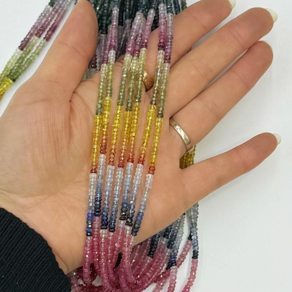 Natural Gradient Color Sapphire Abacus Beads Beveled Flat Round Faceted Long Chain