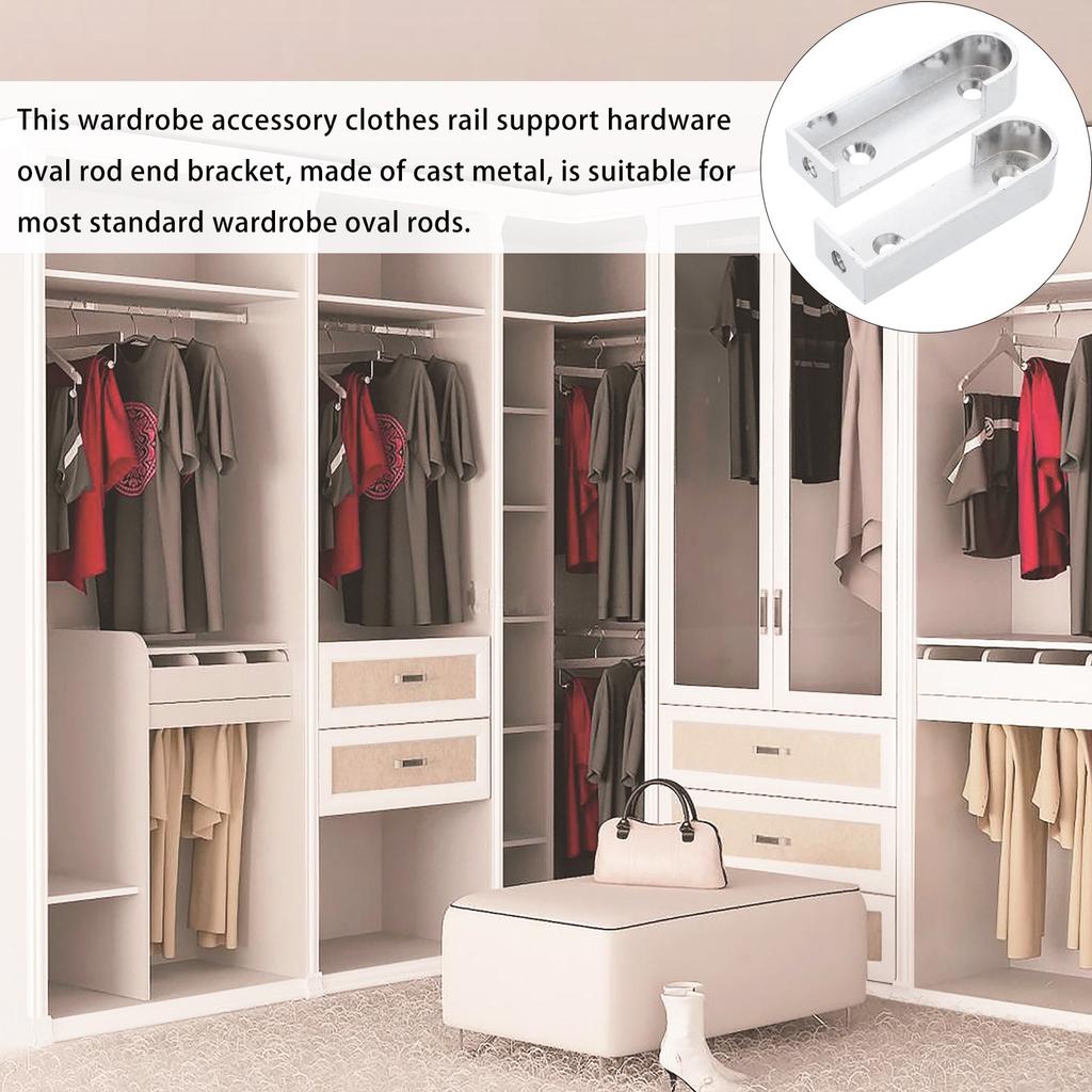 2Pcs Premium Cast Metal Closet Rod End Supports for Oval Hanging Rods Wardrobe Tube Support Bracket Clothes Rod Holder Silver