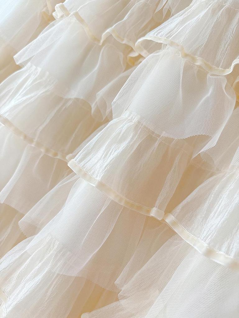 Layered Organza Long Fairy Cake Dress with Half Skirt
