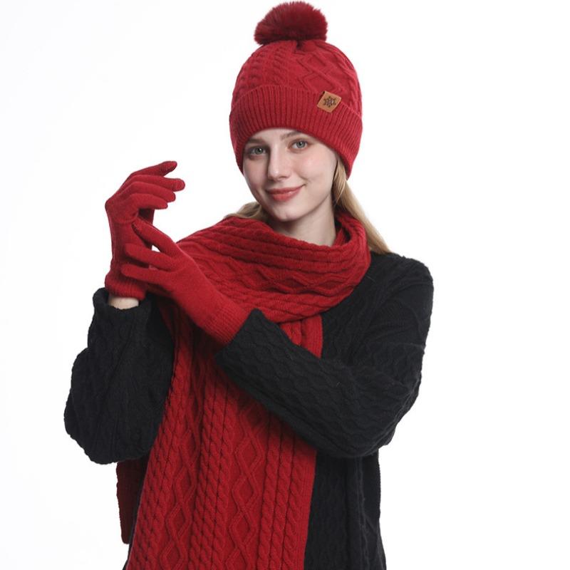 Hat Scarf Gloves Three Piece Set Winter Outdoor Velvet Warm Ear Protection Knitted Hat
