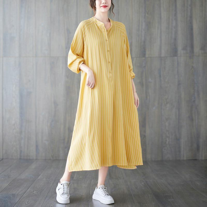 Frühling/Sommer 2023 Damen Übergröße Gestreiftes Lässiges Langes Kleid - Literarischer Stil, Lockere Passform, Schlankmachender Effekt