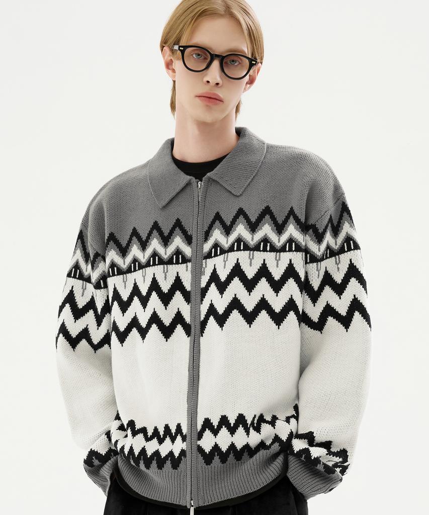 TRILLION Washable Nordic Jacquard Collar Neck 2-Way Zip-Up Knit [Gray]