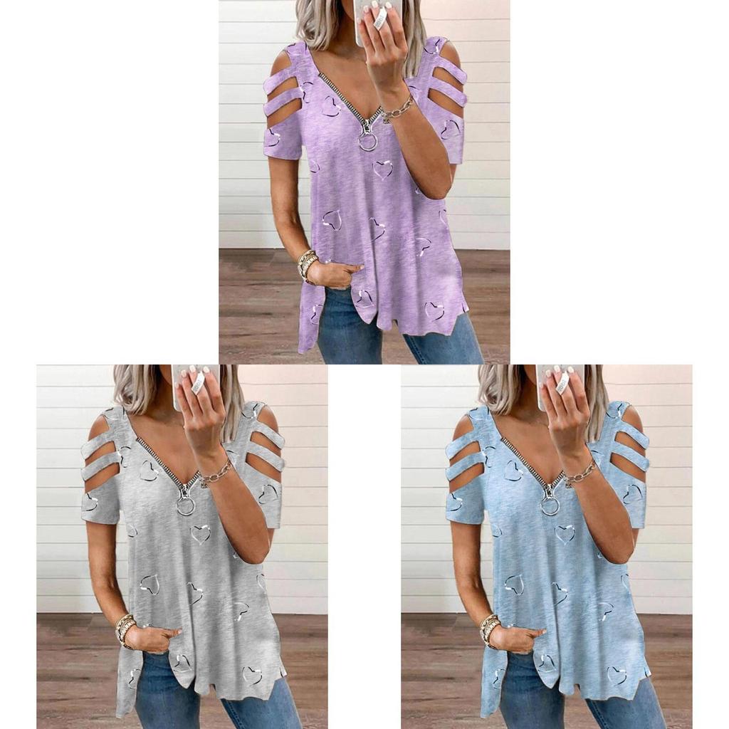 Short Sleeve T Shirt With Zipper Print Cotton Blend For Casual Streetwear