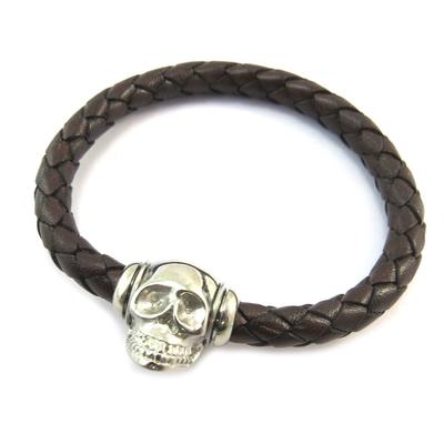 [P2574] - Silver Brown 'Skull' Steel Leather Bracelet