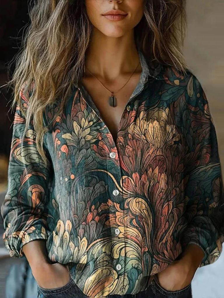 2025 Women's Retro Print Long Sleeve Casual Shirt - Spring/Summer Cotton-Linen Blend