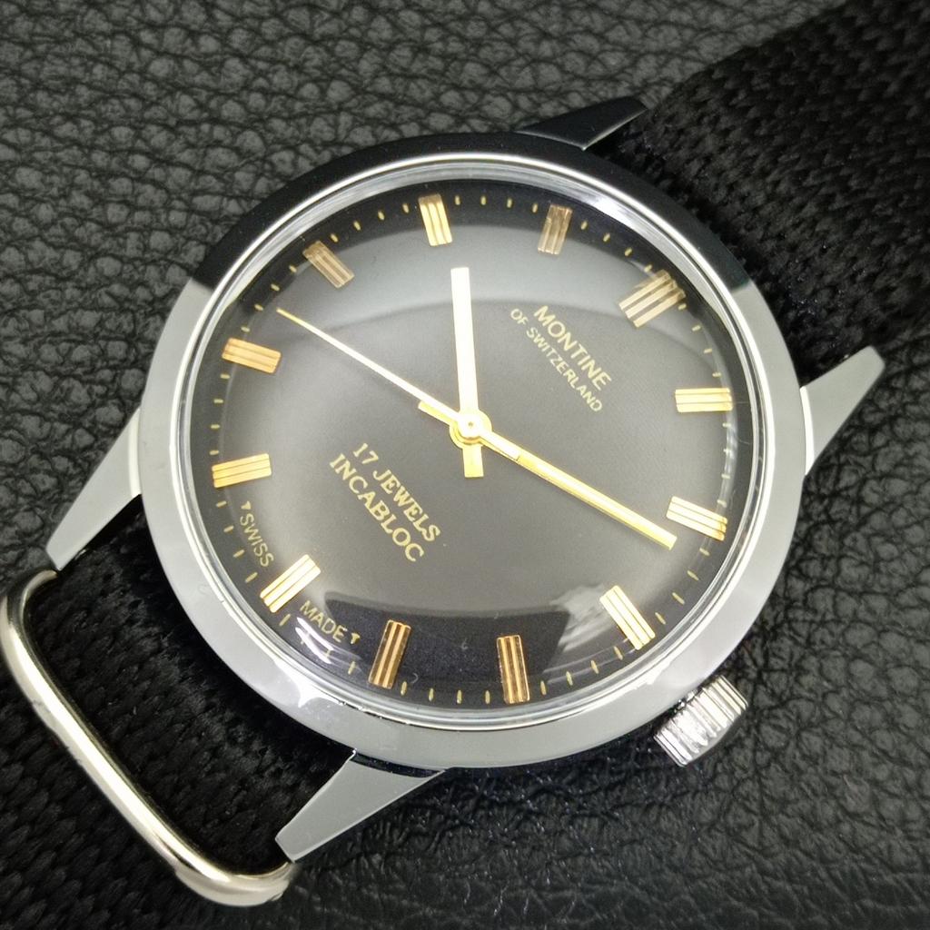 HAND-WINDING VINTAGE MONTINE SWISS MENS REFURBISHED BLACK DIAL WATCH A441077-1