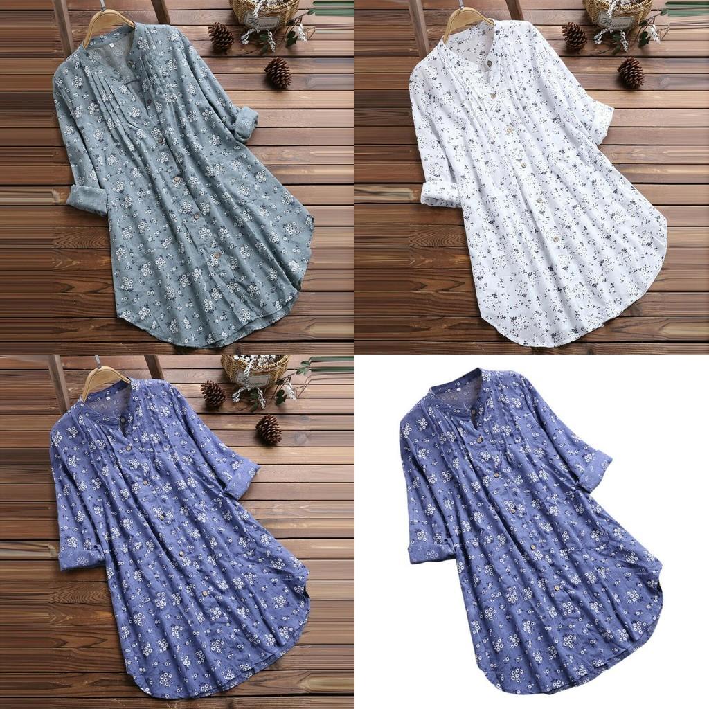 Elegant Women V-neck Long Sleeve Flower Print Linen Shirt Ladies Casual Loose Blouse Top