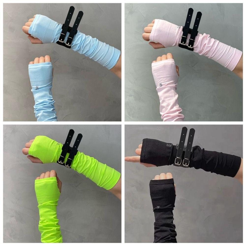 Spandex Ice Silk Finger Sleeves Hip-hop Y2K PU Wristband Sun Protection Punk Black Arm Cover  Girls