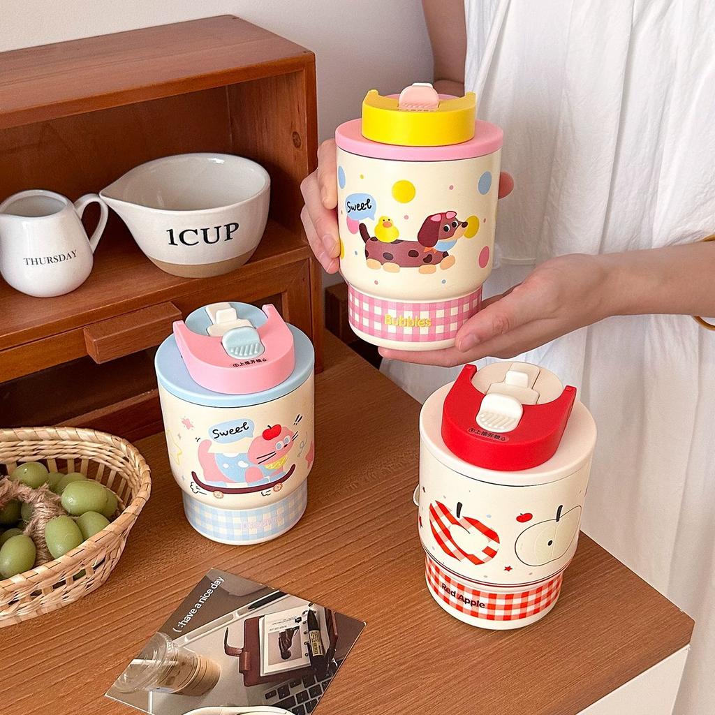 Children's Cartoon Double Drink Thermos Cup 316 Stainless Steel Coffee Cup Female High Value with Straw Portable Pocket Water Cup