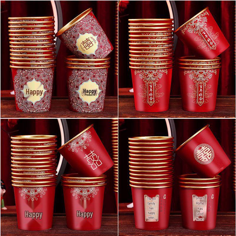 Disposable Wedding Paper Cups - Gold Foil Red Design for Anniversaries, Banquets, and Tea Ceremonies
