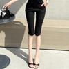 Women's High Rise Capri Pants Solid Color Slim Fit Cropped Trousers Medium Stretch Side Slit Denim Shorts For Spring Daily Wear