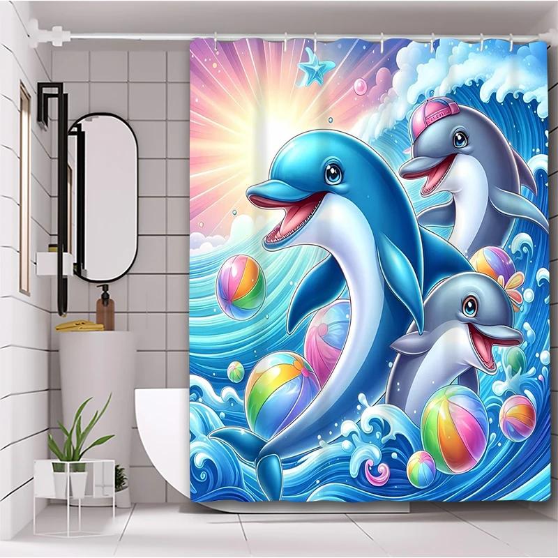 Штора для ванной с дельфинами  Водонепроницаемая штора для душа в ванную комнату с 12 крючками  Домашний декор W90xH180cm