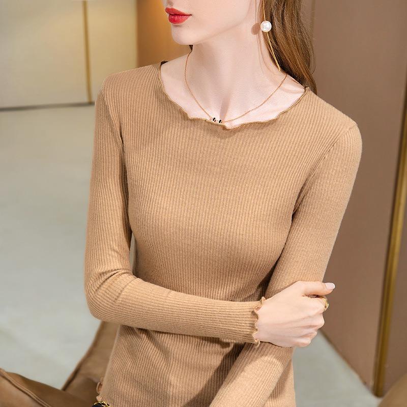 Pit strip bottoming shirt women's new women's clothing solid color round neck long-sleeved t-shirt age-reducing fungus edge waist top