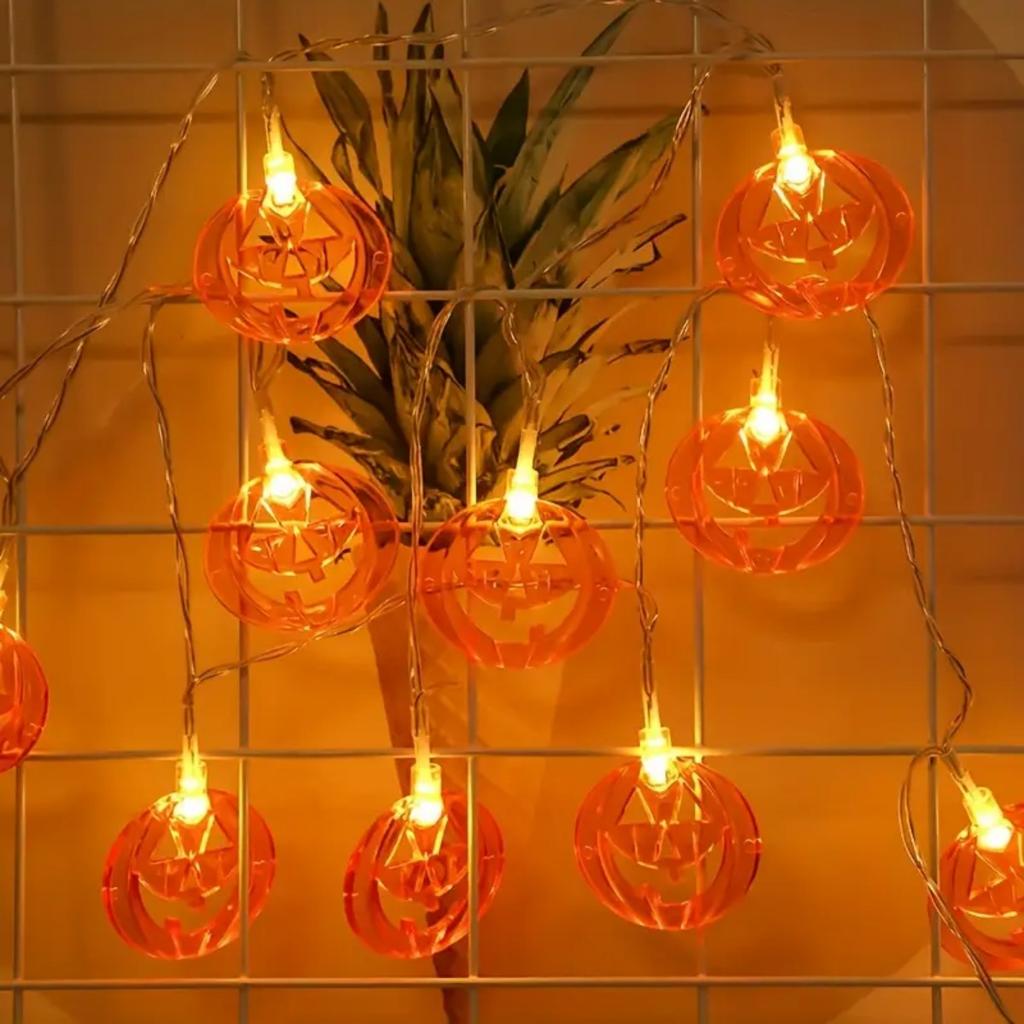 1pc 20LED Orange Flat Hollow Halloween Pumpkin Lights String Battery Powered Suitable For Home Party Garden Yard Halloween Decor