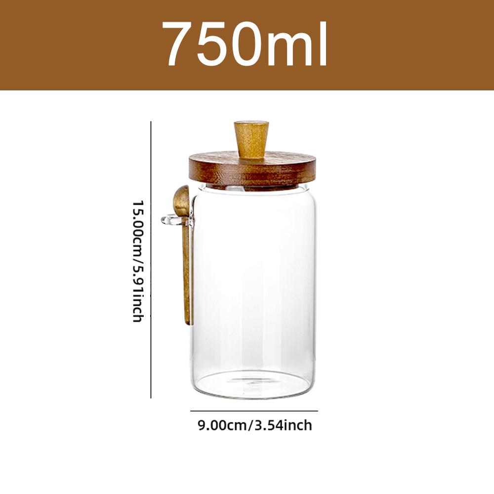 Glass Jar Grains Coffee Bean Tealeaf Storage Containers with Wood Spoon Lid Clear Spice Jar Bottle Kitchen Organizer