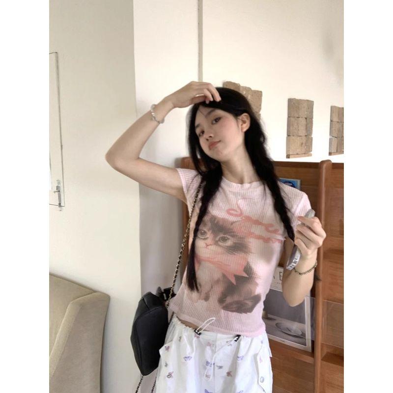 Kumikumi Sweet and Spicy Style Cat Print round Neck Short sleeve T-shirt Women Summer Slim fit Slimming Short Shoulder Top