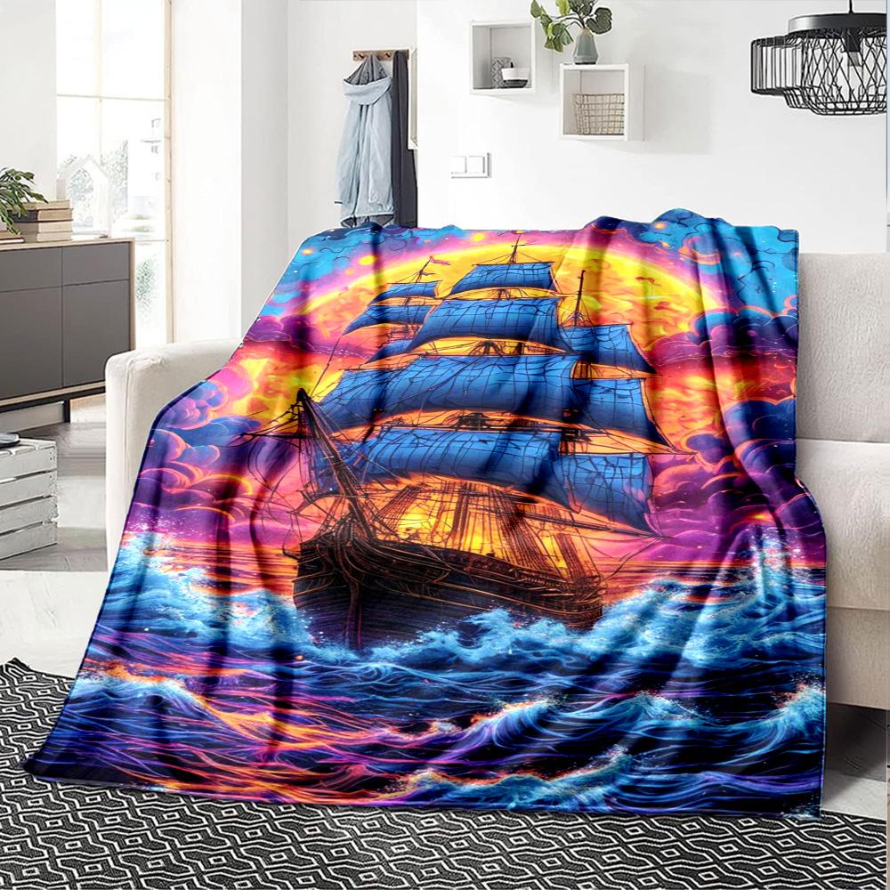Pirate Ship Art Print Flannel Blanket High Quality Warm Comfortable Cover for All Seasons Perfect for Gifts Home Decor