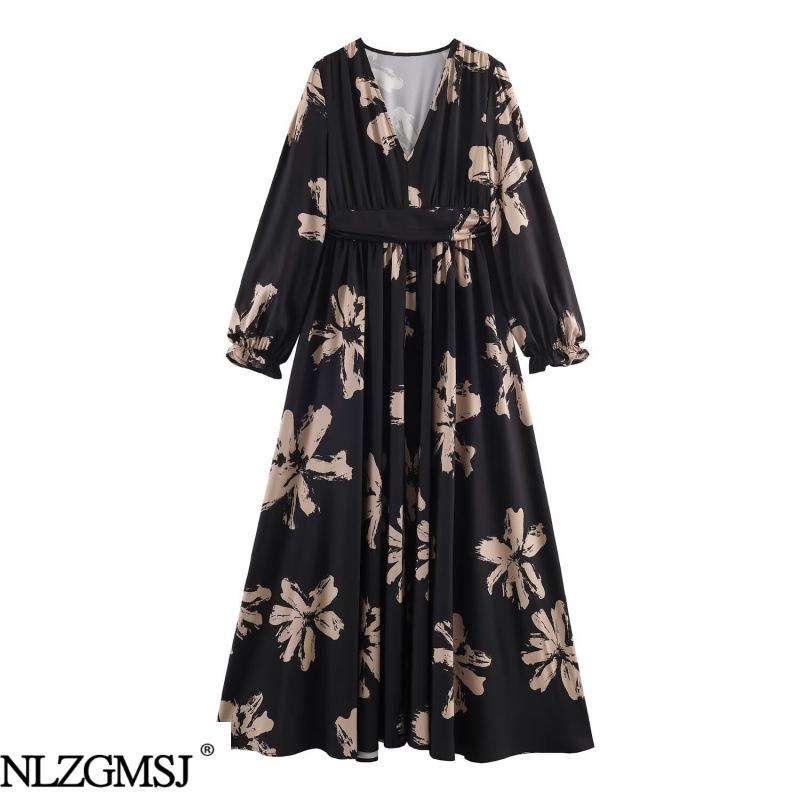 

2026 Spring European & American Style Slimming Printed V-neck Waist-cinching Dress L