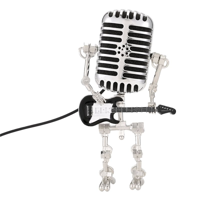 Premium-Mic Robot,Retro Style Microphone Robot Table Lamp,Holding Guitare Night Light,Vintage Microphone Robot Desk Lamp