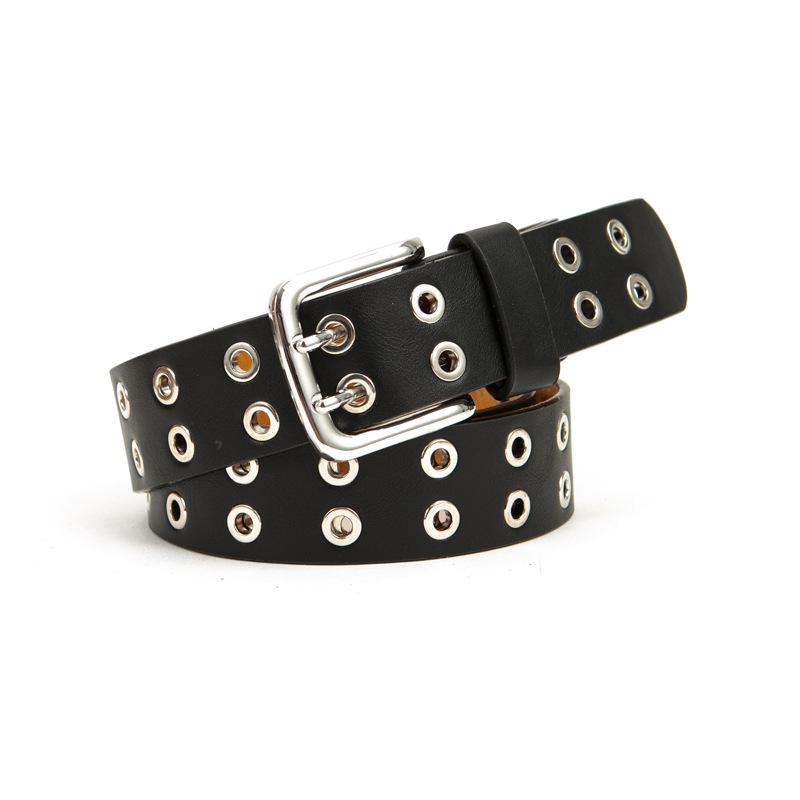 Unisex Leather Eyelet Buckle Belt with Rivet Detail - European & American Style Trend