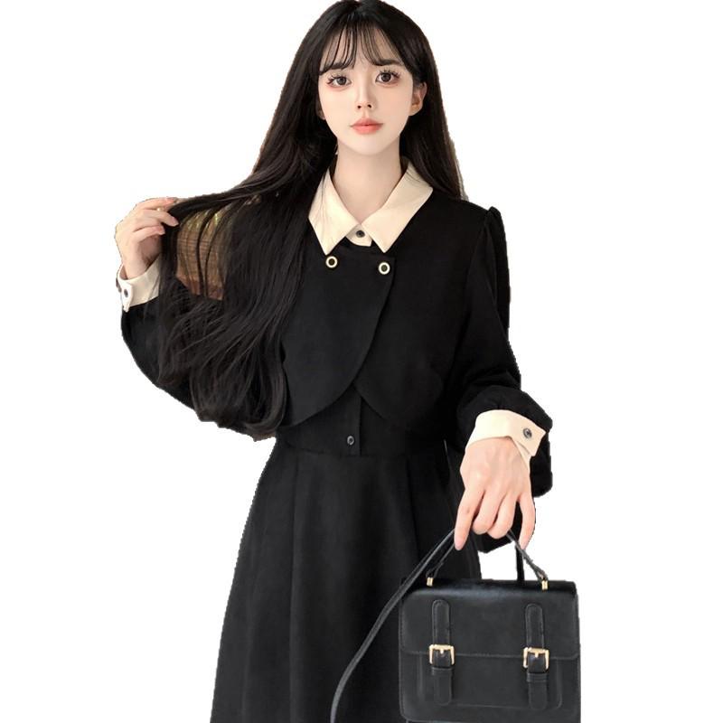 2025 Plus Size French Style Knee-Length Long-Sleeve Dress - Flattering Waist-Cinched Two-Piece Autumn/Winter Women's Apparel.