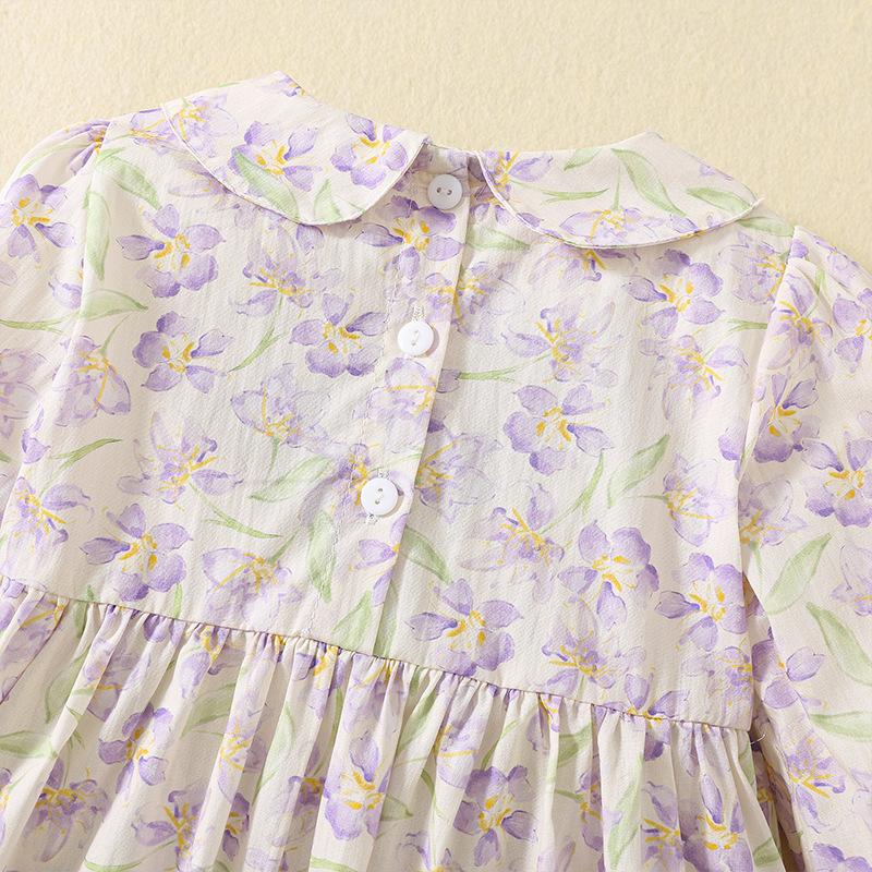 Spring Autumn Girls Floral Cotton Dress With Smocking And Flower Embroidery Cute Princess Long Sleeve Dress For Baby