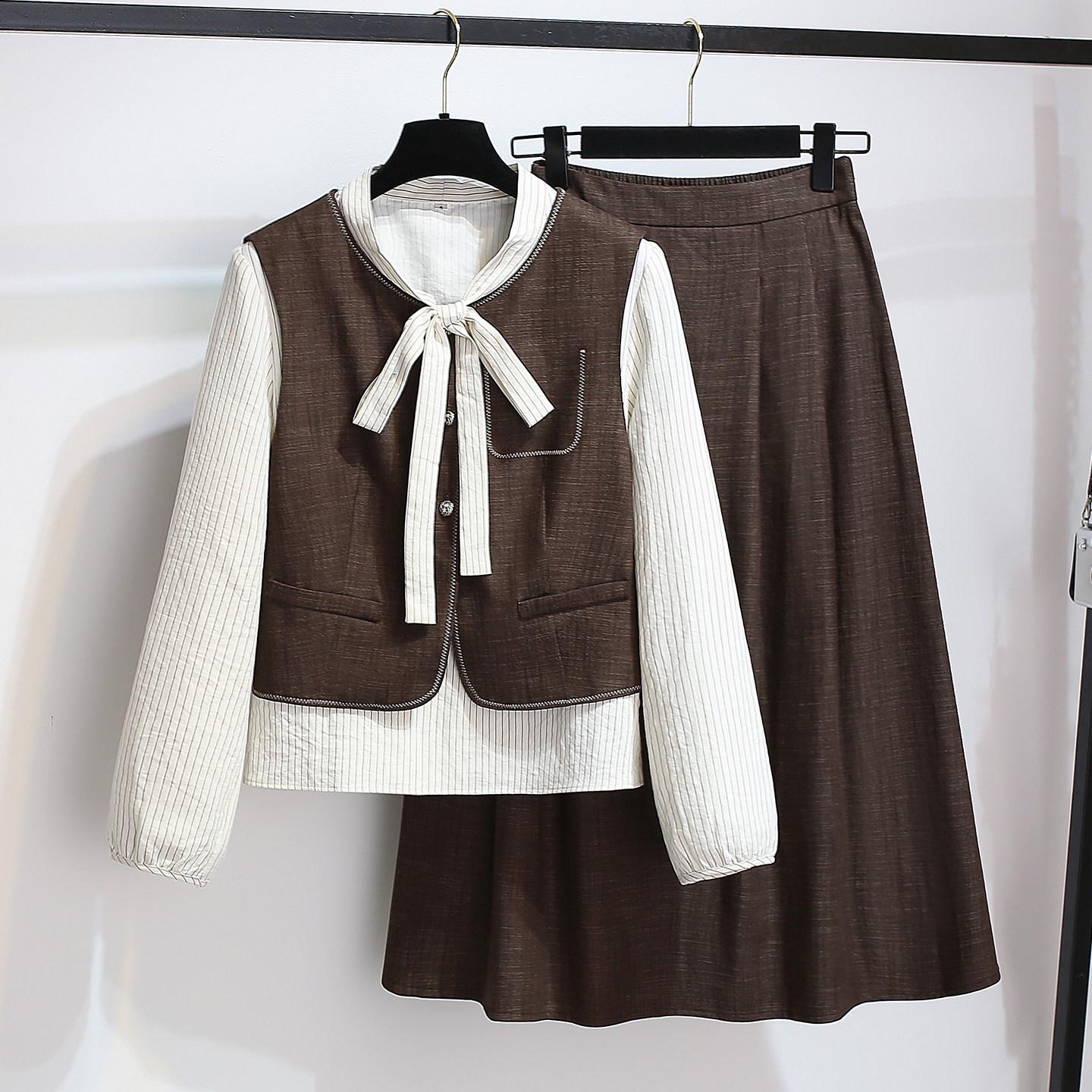 Women s Spring 2026 New Arrival: Long-Sleeved Striped Shirt, Denim Vest, A-Line Skirt Three-Piece Set S/85-100 jin коричневый