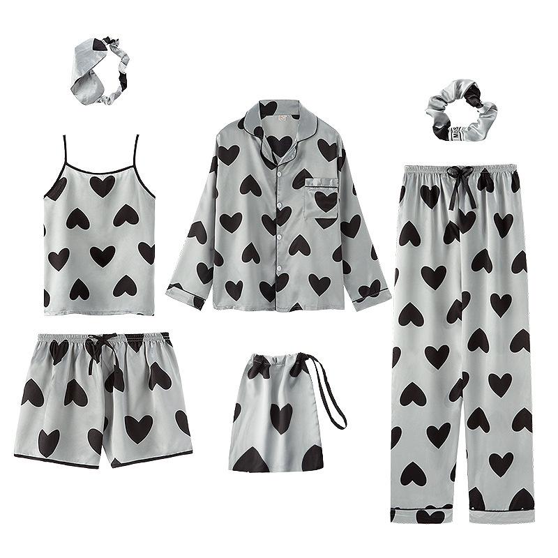 Sieben teiliges gestreiftes Pyjama-Set aus Kunstseide mit langärmeligem Cardigan und Camisole für Frühling und Herbst
